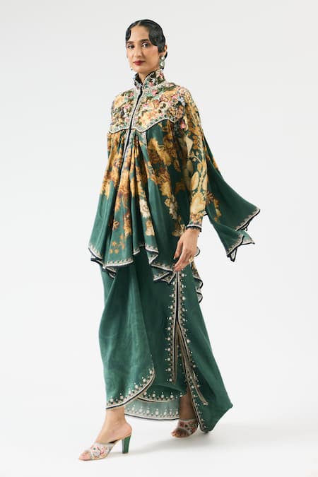 Buy_Rajdeep Ranawat_Green Silk Beads, Pearls Collared Mahirah Floral Print Embroidered Yoke Tunic _Online_at_Aza_Fashions
