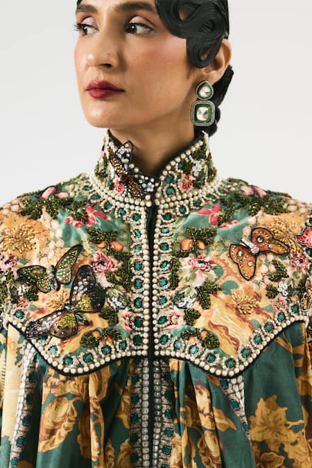 Shop_Rajdeep Ranawat_Green Silk Beads, Pearls Collared Mahirah Floral Print Embroidered Yoke Tunic _Online_at_Aza_Fashions