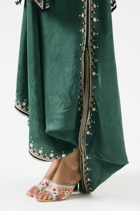Buy_Rajdeep Ranawat_Green Modal Embroidery Daisha Floral Print Draped Skirt _Online_at_Aza_Fashions