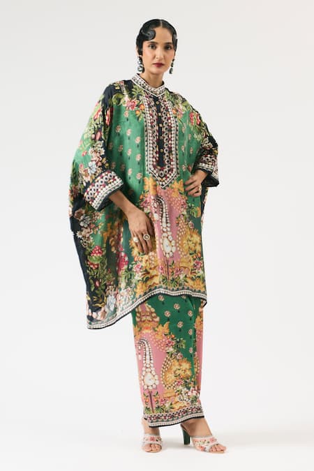 Rajdeep Ranawat Green Silk Printed Floral Band Collar Chanel Botanical Tunic 