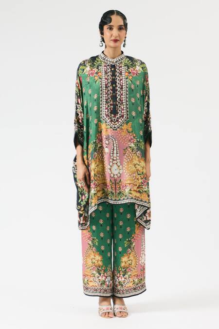 Rajdeep Ranawat Green Silk Embroidery Bandeau Neck Chanel Floral Botanical Print Tunic Online at Aza Fashions Rajdeep Ranawat_Green Silk Embroidery Bandeau Neck Chanel Floral Botanical Print Tunic _Online_at_Aza_Fashions