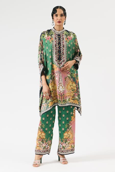 Buy Rajdeep Ranawat Green Silk Embroidery Bandeau Neck Chanel Floral Botanical Print Tunic Online at Aza Fashions Buy_Rajdeep Ranawat_Green Silk Embroidery Bandeau Neck Chanel Floral Botanical Print Tunic _Online_at_Aza_Fashions