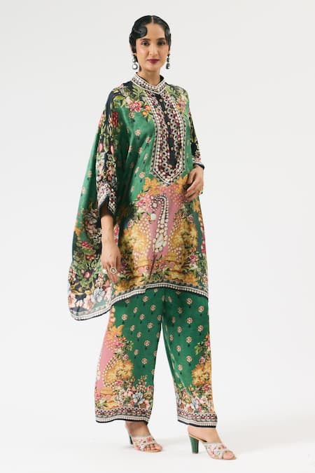 Shop Rajdeep Ranawat Green Silk Embroidery Bandeau Neck Chanel Floral Botanical Print Tunic Online at Aza Fashions Shop_Rajdeep Ranawat_Green Silk Embroidery Bandeau Neck Chanel Floral Botanical Print Tunic _Online_at_Aza_Fashions
