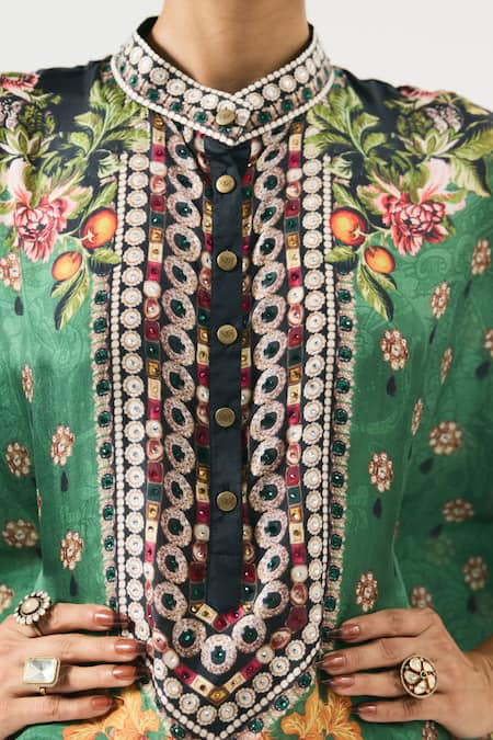 Rajdeep Ranawat Green Silk Embroidery Bandeau Neck Chanel Floral Botanical Print Tunic at Aza Fashions Rajdeep Ranawat_Green Silk Embroidery Bandeau Neck Chanel Floral Botanical Print Tunic _at_Aza_Fashions