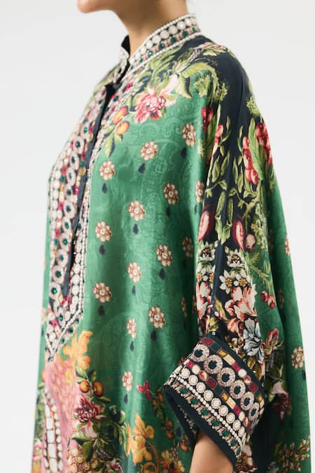 Buy Rajdeep Ranawat Green Silk Embroidery Bandeau Neck Chanel Floral Botanical Print Tunic Buy_Rajdeep Ranawat_Green Silk Embroidery Bandeau Neck Chanel Floral Botanical Print Tunic
