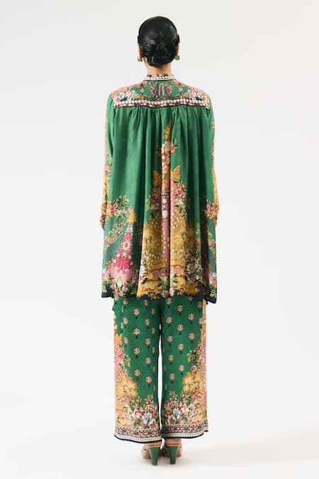 Shop Rajdeep Ranawat Green Silk Bandeau Neck Nilofer Floral Print Button Front Tunic at Aza Fashions Shop_Rajdeep Ranawat_Green Silk Bandeau Neck Nilofer Floral Print Button Front Tunic _at_Aza_Fashions