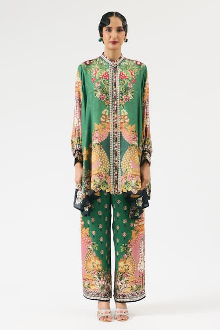 Rajdeep Ranawat Green Silk Bandeau Neck Nilofer Floral Print Button Front Tunic Online at Aza Fashions Rajdeep Ranawat_Green Silk Bandeau Neck Nilofer Floral Print Button Front Tunic _Online_at_Aza_Fashions