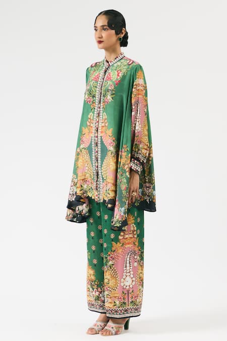 Buy Rajdeep Ranawat Green Silk Bandeau Neck Nilofer Floral Print Button Front Tunic Online at Aza Fashions Buy_Rajdeep Ranawat_Green Silk Bandeau Neck Nilofer Floral Print Button Front Tunic _Online_at_Aza_Fashions