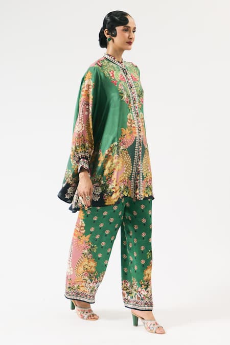Shop Rajdeep Ranawat Green Silk Bandeau Neck Nilofer Floral Print Button Front Tunic Online at Aza Fashions Shop_Rajdeep Ranawat_Green Silk Bandeau Neck Nilofer Floral Print Button Front Tunic _Online_at_Aza_Fashions