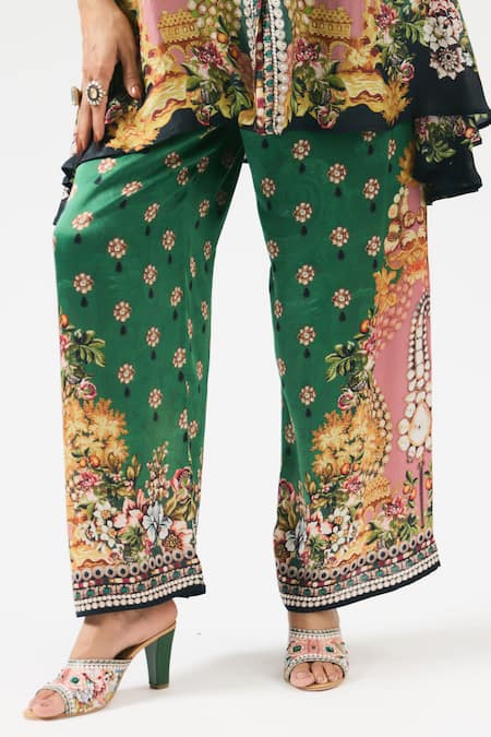 Rajdeep Ranawat Green Silk Bandeau Neck Nilofer Floral Print Button Front Tunic at Aza Fashions Rajdeep Ranawat_Green Silk Bandeau Neck Nilofer Floral Print Button Front Tunic _at_Aza_Fashions