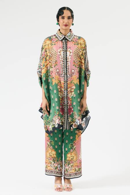 Rajdeep Ranawat Green Silk Beads, Embroidery Collared Kamara Floral Print Tunic Online at Aza Fashions Rajdeep Ranawat_Green Silk Beads, Embroidery Collared Kamara Floral Print Tunic _Online_at_Aza_Fashions