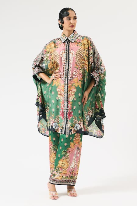 Shop Rajdeep Ranawat Green Silk Beads, Embroidery Collared Kamara Floral Print Tunic Online at Aza Fashions Shop_Rajdeep Ranawat_Green Silk Beads, Embroidery Collared Kamara Floral Print Tunic _Online_at_Aza_Fashions