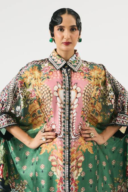 Rajdeep Ranawat Green Silk Beads, Embroidery Collared Kamara Floral Print Tunic at Aza Fashions Rajdeep Ranawat_Green Silk Beads, Embroidery Collared Kamara Floral Print Tunic _at_Aza_Fashions
