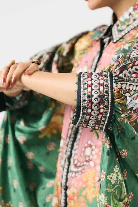 Buy Rajdeep Ranawat Green Silk Beads, Embroidery Collared Kamara Floral Print Tunic Buy_Rajdeep Ranawat_Green Silk Beads, Embroidery Collared Kamara Floral Print Tunic