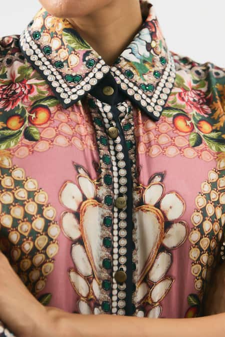 Shop Rajdeep Ranawat Green Silk Beads, Embroidery Collared Kamara Floral Print Tunic Shop_Rajdeep Ranawat_Green Silk Beads, Embroidery Collared Kamara Floral Print Tunic