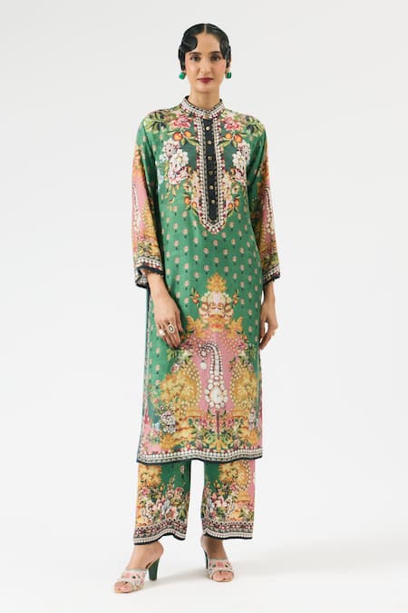 Rajdeep Ranawat Green Silk Beads Bandeau Neck Ramin Floral Print Kurta Online at Aza Fashions Rajdeep Ranawat_Green Silk Beads Bandeau Neck Ramin Floral Print Kurta _Online_at_Aza_Fashions