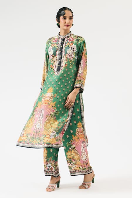 Buy Rajdeep Ranawat Green Silk Beads Bandeau Neck Ramin Floral Print Kurta Online at Aza Fashions Buy_Rajdeep Ranawat_Green Silk Beads Bandeau Neck Ramin Floral Print Kurta _Online_at_Aza_Fashions