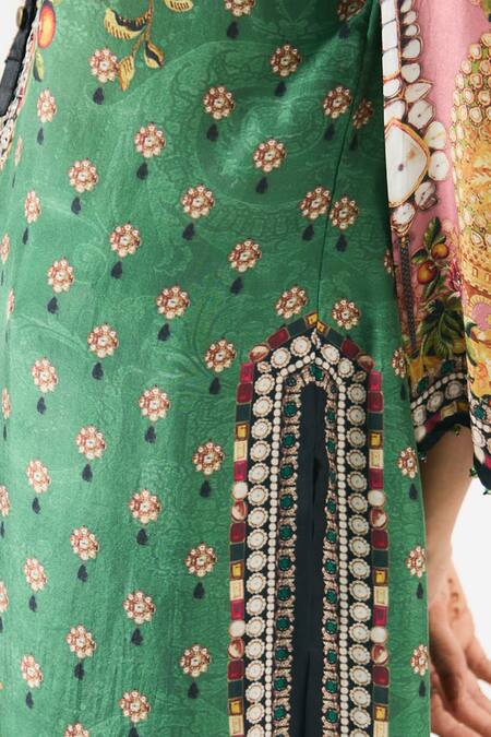 Rajdeep Ranawat Green Silk Beads Bandeau Neck Ramin Floral Print Kurta at Aza Fashions Rajdeep Ranawat_Green Silk Beads Bandeau Neck Ramin Floral Print Kurta _at_Aza_Fashions