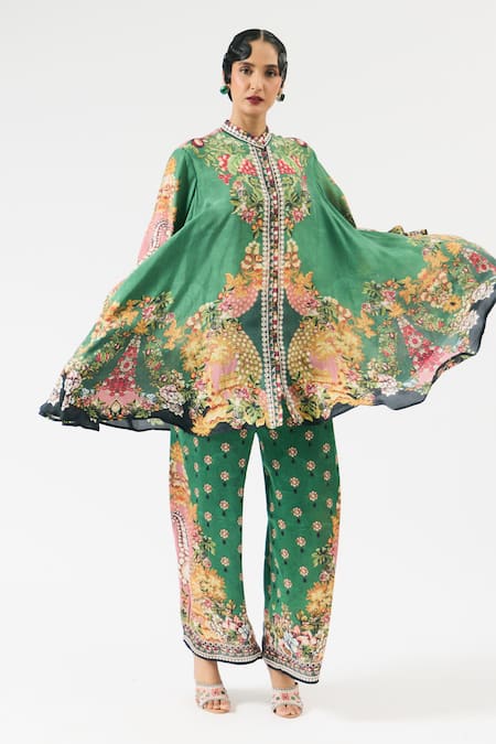 Rajdeep Ranawat Green Modal Printed Floral Permaz Straight Pant 