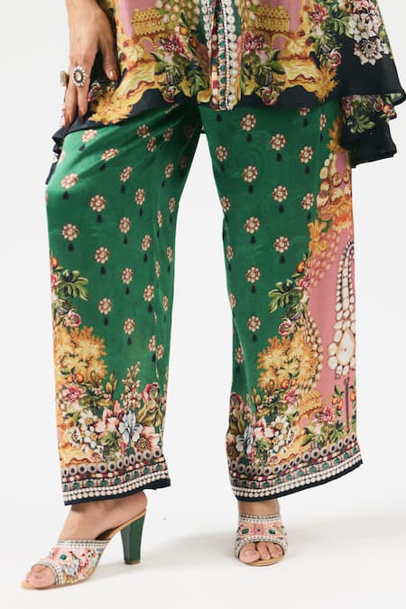 Shop Rajdeep Ranawat Green Modal Embroidery Permaz Floral Print Straight Pant Online at Aza Fashions Shop_Rajdeep Ranawat_Green Modal Embroidery Permaz Floral Print Straight Pant _Online_at_Aza_Fashions