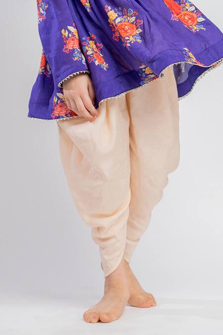 MR Brat Purple Muslin, Cotton Big Floral Print Gathered Kurta And Dhoti Pant Set Online at Aza Fashions MR Brat_Purple Muslin, Cotton Big Floral Print Gathered Kurta And Dhoti Pant Set _Online_at_Aza_Fashions