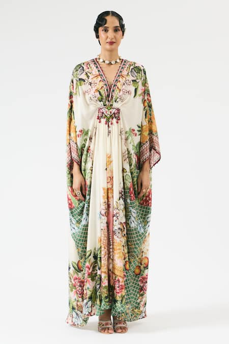 Rajdeep Ranawat Multi Color Silk Beads, Embroidery V-neck Imama Floral Print Work Kaftan Online at Aza Fashions Rajdeep Ranawat_Multi Color Silk Beads, Embroidery V-neck Imama Floral Print Work Kaftan _Online_at_Aza_Fashions