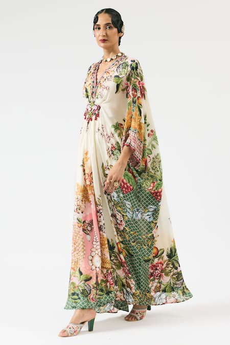 Buy Rajdeep Ranawat Multi Color Silk Beads, Embroidery V-neck Imama Floral Print Work Kaftan Online at Aza Fashions Buy_Rajdeep Ranawat_Multi Color Silk Beads, Embroidery V-neck Imama Floral Print Work Kaftan _Online_at_Aza_Fashions