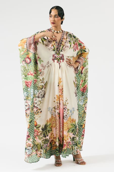 Shop Rajdeep Ranawat Multi Color Silk Beads, Embroidery V-neck Imama Floral Print Work Kaftan Online at Aza Fashions Shop_Rajdeep Ranawat_Multi Color Silk Beads, Embroidery V-neck Imama Floral Print Work Kaftan _Online_at_Aza_Fashions