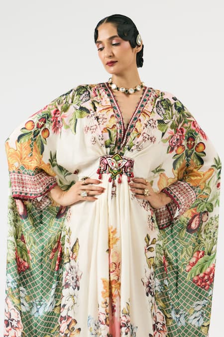 Rajdeep Ranawat Multi Color Silk Beads, Embroidery V-neck Imama Floral Print Work Kaftan at Aza Fashions Rajdeep Ranawat_Multi Color Silk Beads, Embroidery V-neck Imama Floral Print Work Kaftan _at_Aza_Fashions