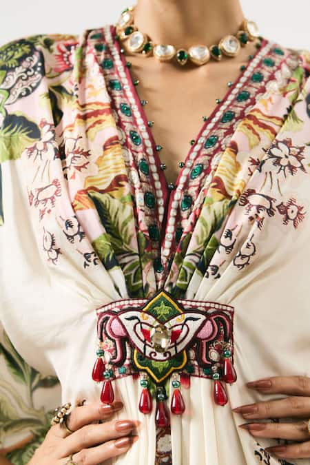 Buy Rajdeep Ranawat Multi Color Silk Beads, Embroidery V-neck Imama Floral Print Work Kaftan Buy_Rajdeep Ranawat_Multi Color Silk Beads, Embroidery V-neck Imama Floral Print Work Kaftan