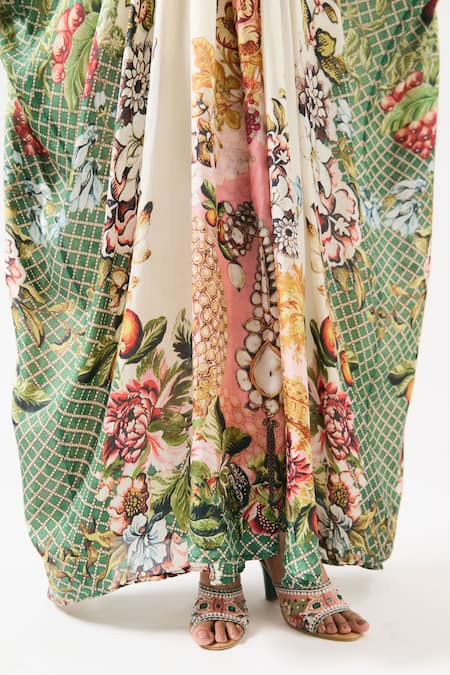 Shop Rajdeep Ranawat Multi Color Silk Beads, Embroidery V-neck Imama Floral Print Work Kaftan Shop_Rajdeep Ranawat_Multi Color Silk Beads, Embroidery V-neck Imama Floral Print Work Kaftan