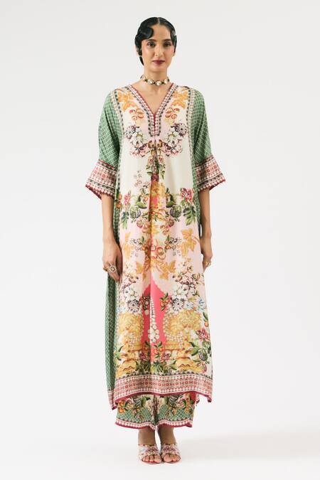 Rajdeep Ranawat Multi Color Silk Embroidery V-neck Banera Printed Kimono Tunic Online at Aza Fashions Rajdeep Ranawat_Multi Color Silk Embroidery V-neck Banera Printed Kimono Tunic _Online_at_Aza_Fashions