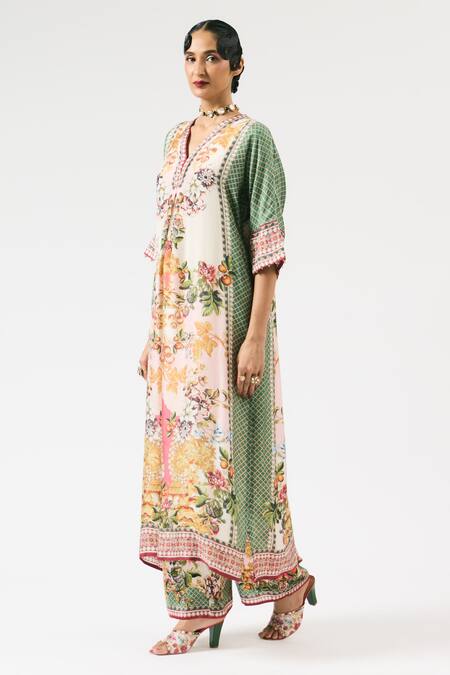 Buy Rajdeep Ranawat Multi Color Silk Embroidery V-neck Banera Printed Kimono Tunic Online at Aza Fashions Buy_Rajdeep Ranawat_Multi Color Silk Embroidery V-neck Banera Printed Kimono Tunic _Online_at_Aza_Fashions