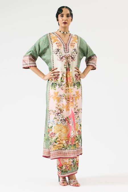 Shop Rajdeep Ranawat Multi Color Silk Embroidery V-neck Banera Printed Kimono Tunic Online at Aza Fashions Shop_Rajdeep Ranawat_Multi Color Silk Embroidery V-neck Banera Printed Kimono Tunic _Online_at_Aza_Fashions