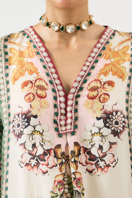 Rajdeep Ranawat Multi Color Silk Embroidery V-neck Banera Printed Kimono Tunic at Aza Fashions Rajdeep Ranawat_Multi Color Silk Embroidery V-neck Banera Printed Kimono Tunic _at_Aza_Fashions