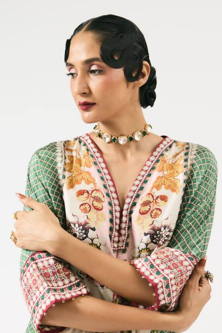 Buy Rajdeep Ranawat Multi Color Silk Embroidery V-neck Banera Printed Kimono Tunic Buy_Rajdeep Ranawat_Multi Color Silk Embroidery V-neck Banera Printed Kimono Tunic