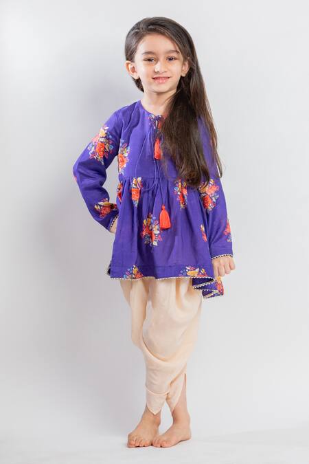 Buy MR Brat Purple Muslin, Cotton Big Floral Print Gathered Kurta And Dhoti Pant Set Online at Aza Fashions Buy_MR Brat_Purple Muslin, Cotton Big Floral Print Gathered Kurta And Dhoti Pant Set _Online_at_Aza_Fashions