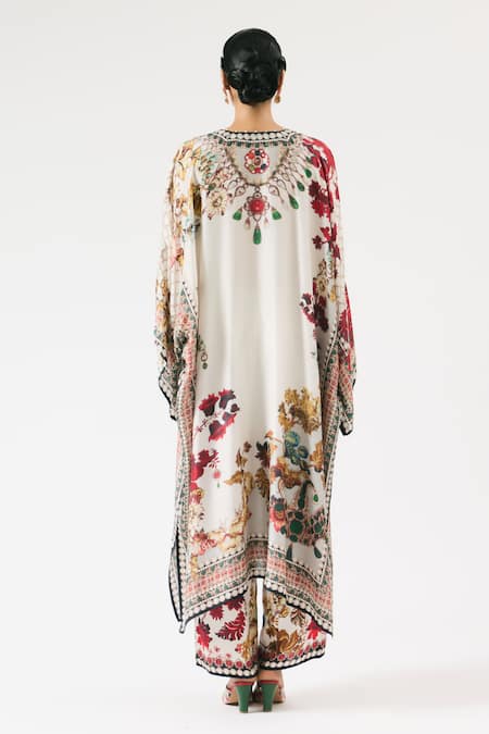 Shop_Rajdeep Ranawat_Ivory Silk Beads V-neck Gufrina Floral Print Work Kaftan _at_Aza_Fashions