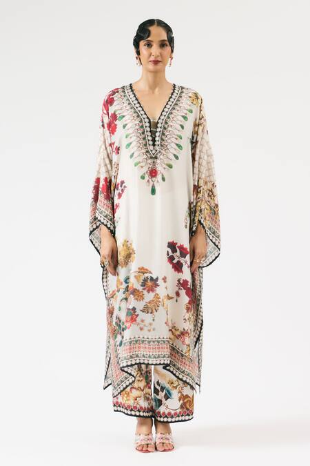 Rajdeep Ranawat_Ivory Silk Beads V-neck Gufrina Floral Print Work Kaftan _Online_at_Aza_Fashions