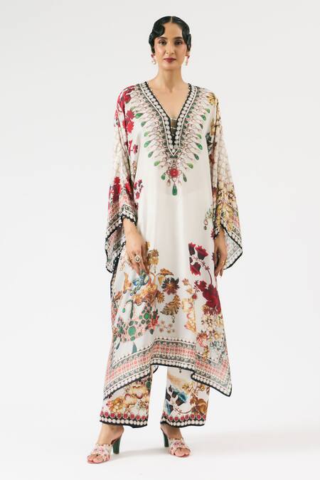 Buy_Rajdeep Ranawat_Ivory Silk Beads V-neck Gufrina Floral Print Work Kaftan _Online_at_Aza_Fashions