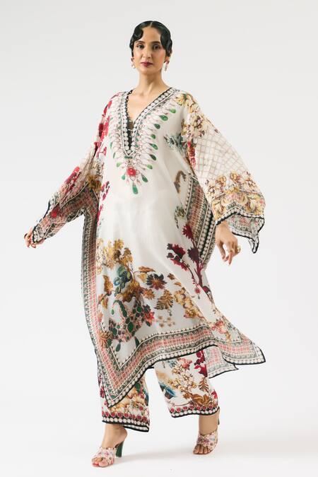 Shop_Rajdeep Ranawat_Ivory Silk Beads V-neck Gufrina Floral Print Work Kaftan _Online_at_Aza_Fashions