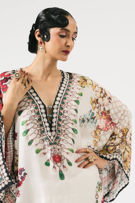 Rajdeep Ranawat_Ivory Silk Beads V-neck Gufrina Floral Print Work Kaftan _at_Aza_Fashions