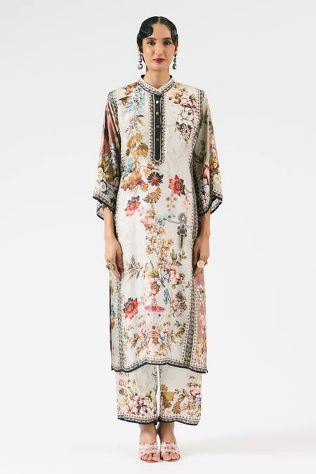 Rajdeep Ranawat Grey Silk Embroidery Bandeau Neck Ghazala Floral Print Kurta Online at Aza Fashions Rajdeep Ranawat_Grey Silk Embroidery Bandeau Neck Ghazala Floral Print Kurta _Online_at_Aza_Fashions