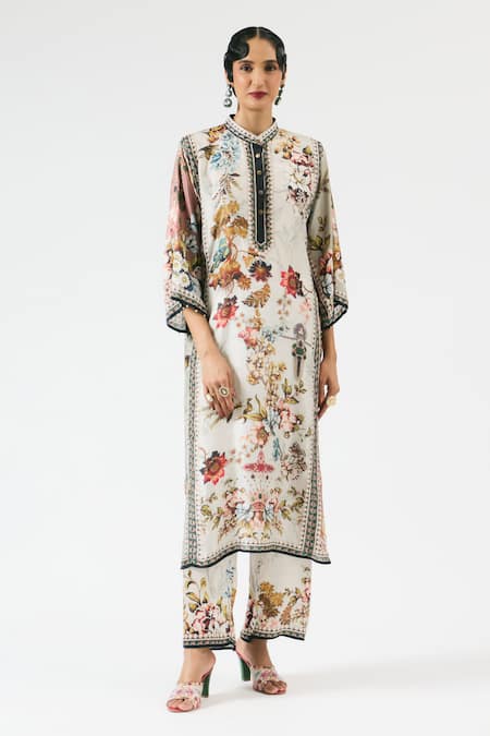 Rajdeep Ranawat Grey Silk Printed Floral Band Collar Permaz Pant 