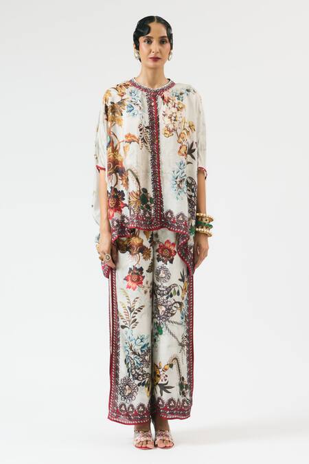 Rajdeep Ranawat_Grey Silk Embroidery Bandeau Neck Hanan Printed Short Tunic _Online_at_Aza_Fashions