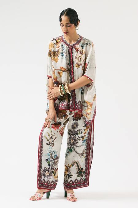 Buy_Rajdeep Ranawat_Grey Silk Embroidery Bandeau Neck Hanan Printed Short Tunic _Online_at_Aza_Fashions