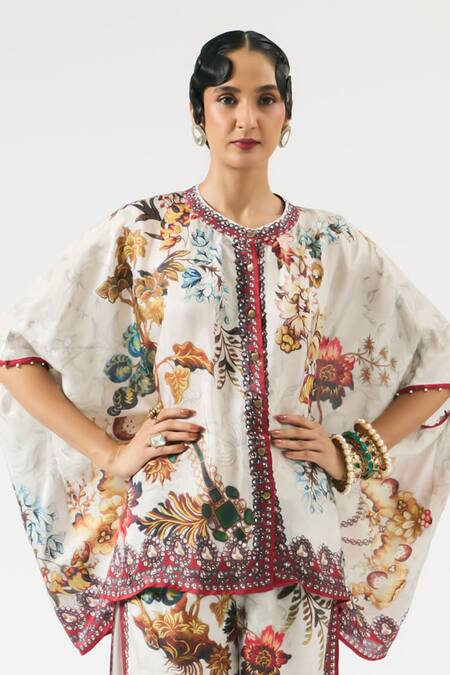 Shop_Rajdeep Ranawat_Grey Silk Embroidery Bandeau Neck Hanan Printed Short Tunic _Online_at_Aza_Fashions