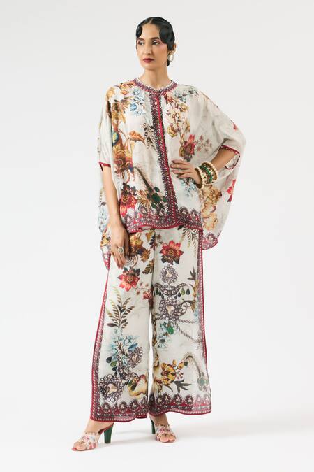 Shop_Rajdeep Ranawat_Grey Silk, Modal Embroidery Gloria Double Layered Printed Pant _Online_at_Aza_Fashions