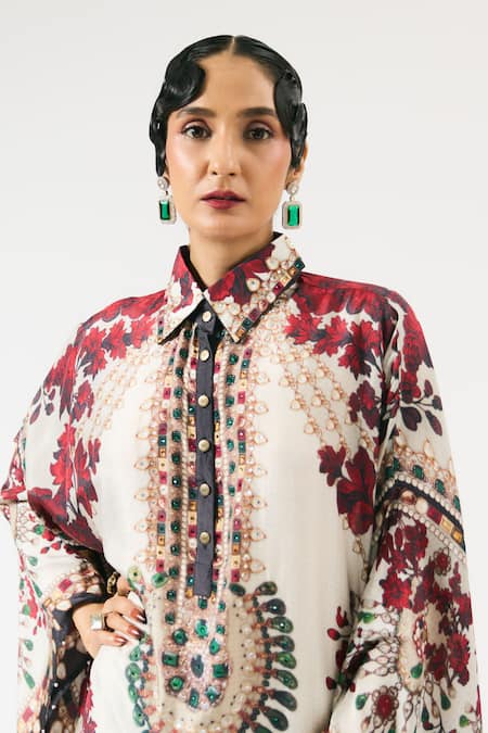 Rajdeep Ranawat_Ivory Silk Embroidery Collared Sharifa Floral Print Boxy Shirt Kaftan _Online_at_Aza_Fashions
