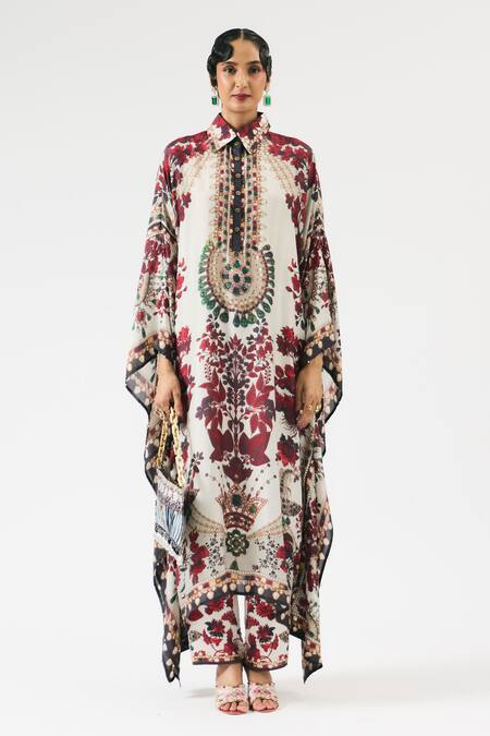 Buy_Rajdeep Ranawat_Ivory Silk Embroidery Collared Sharifa Floral Print Boxy Shirt Kaftan _Online_at_Aza_Fashions
